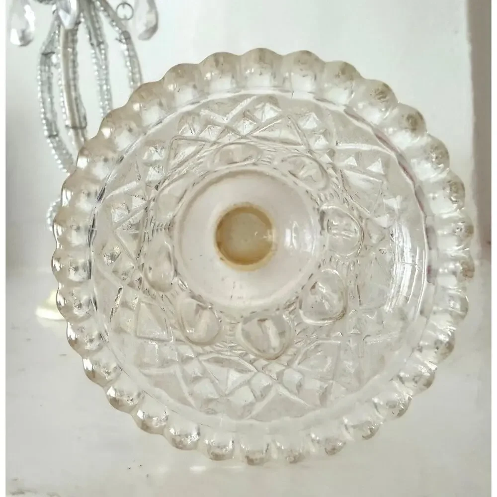 Vintage Pair Beaded Wire Votive Candle Holder Crystal Cut Glass Cottage Shabby